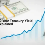 Illustration of the U.S. 10-Year Treasury yield showing an upward financial chart with dollar bills and Treasury bond certificates in the background.