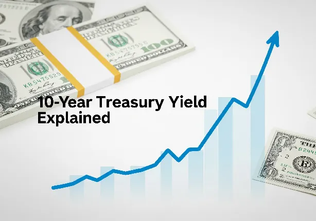 Illustration of the U.S. 10-Year Treasury yield showing an upward financial chart with dollar bills and Treasury bond certificates in the background.