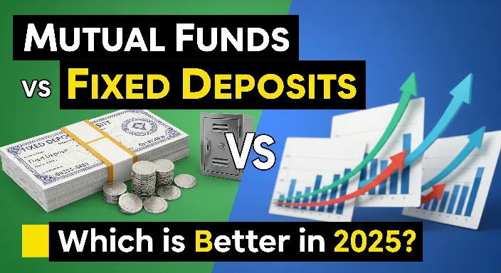 Illustration comparing Mutual Funds versus Fixed Deposits in 2025 with growth charts, bank deposits, and bold text highlighting which investment option is better