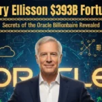 Larry Ellison in confident pose with Oracle logo, digital AI and cloud graphics in the background, large bold text: ‘Larry Ellison $393B Fortune! Secrets of the Oracle Billionaire Revealed’, upward arrows and abstract growth charts, rich gold and deep blue tones, mobile-friendly vertical crop.