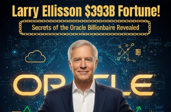 Larry Ellison in confident pose with Oracle logo, digital AI and cloud graphics in the background, large bold text: ‘Larry Ellison $393B Fortune! Secrets of the Oracle Billionaire Revealed’, upward arrows and abstract growth charts, rich gold and deep blue tones, mobile-friendly vertical crop.