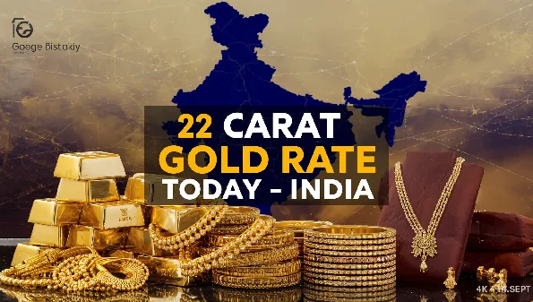 22 Carat Gold Rate Today in India – thumbnail showing stacked gold bars and Indian gold jewelry with a faint India map in the background, highlighting current gold prices and trends.