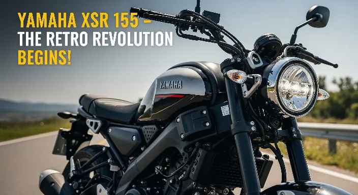 Close-up of Yamaha XSR 155 neo-retro motorcycle in bright daylight with headline text Yamaha XSR 155 – The Retro Revolution Begins! overlayed for a bold, attention-grabbing Google Discover thumbnail.