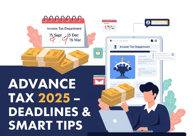 Illustration of an Indian taxpayer paying advance tax online with calendar showing 2025 due dates and money icons — Advance Tax Payment 2025 Guide