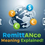 Illustration of global remittance with world map, currency symbols and arrows showing international money transfers, with bold text ‘Remittance Meaning Explained’.