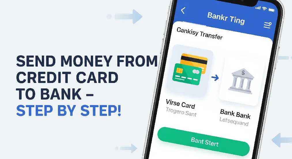 Illustration of a smartphone screen showing money transfer from a credit card to a bank account with bold text “Send Money from Credit Card to Bank – Step by Step Guide” in vibrant colors.