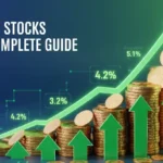 Illustration of rising gold coin stacks with green upward arrows and dividend yield symbols, featuring the headline ‘Dividend Stocks 2025 – Complete Guide