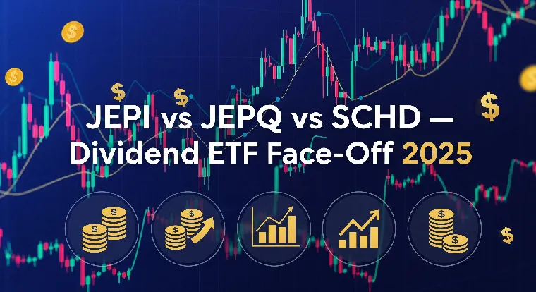 JEPI vs JEPQ vs SCHD Dividend ETF Face-Off 2025 — bold finance thumbnail with stock market charts, dividend icons and eye-catching colors.