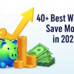 Illustration of a piggy bank with stacks of coins and cash showing 40+ best ways to save money in 2025 for personal finance tips and budgeting strategies.