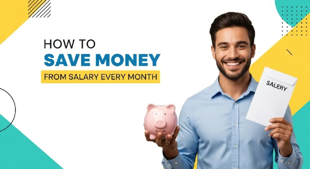 Young professional saving money from salary with piggy bank and envelope, illustrating monthly savings tips and smart budgeting strategies