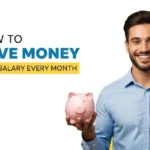 Young professional saving money from salary with piggy bank and envelope, illustrating monthly savings tips and smart budgeting strategies