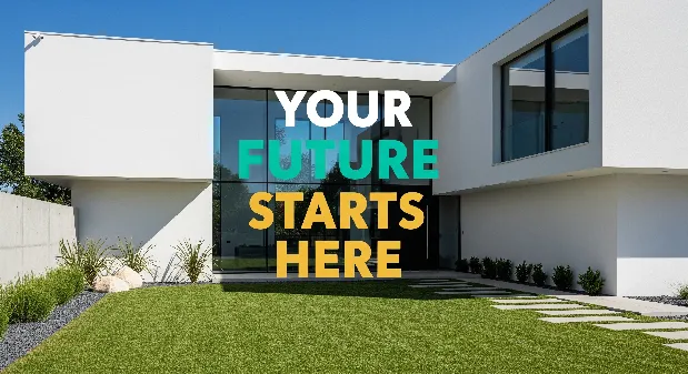 Realistic modern home exterior in bright daylight, clear blue sky, green lawn, with bold text overlay reading “The Best Way to Save for a House