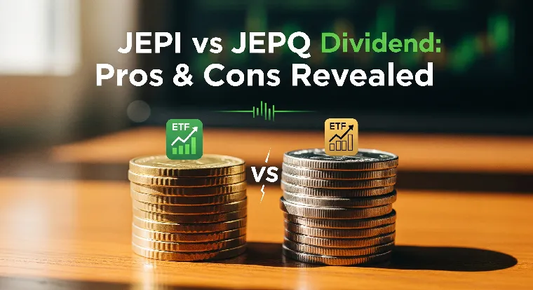 Stacks of coins with ETF chart icons, representing JEPI vs JEPQ dividend comparison, highlighting pros and cons, green and gold color theme